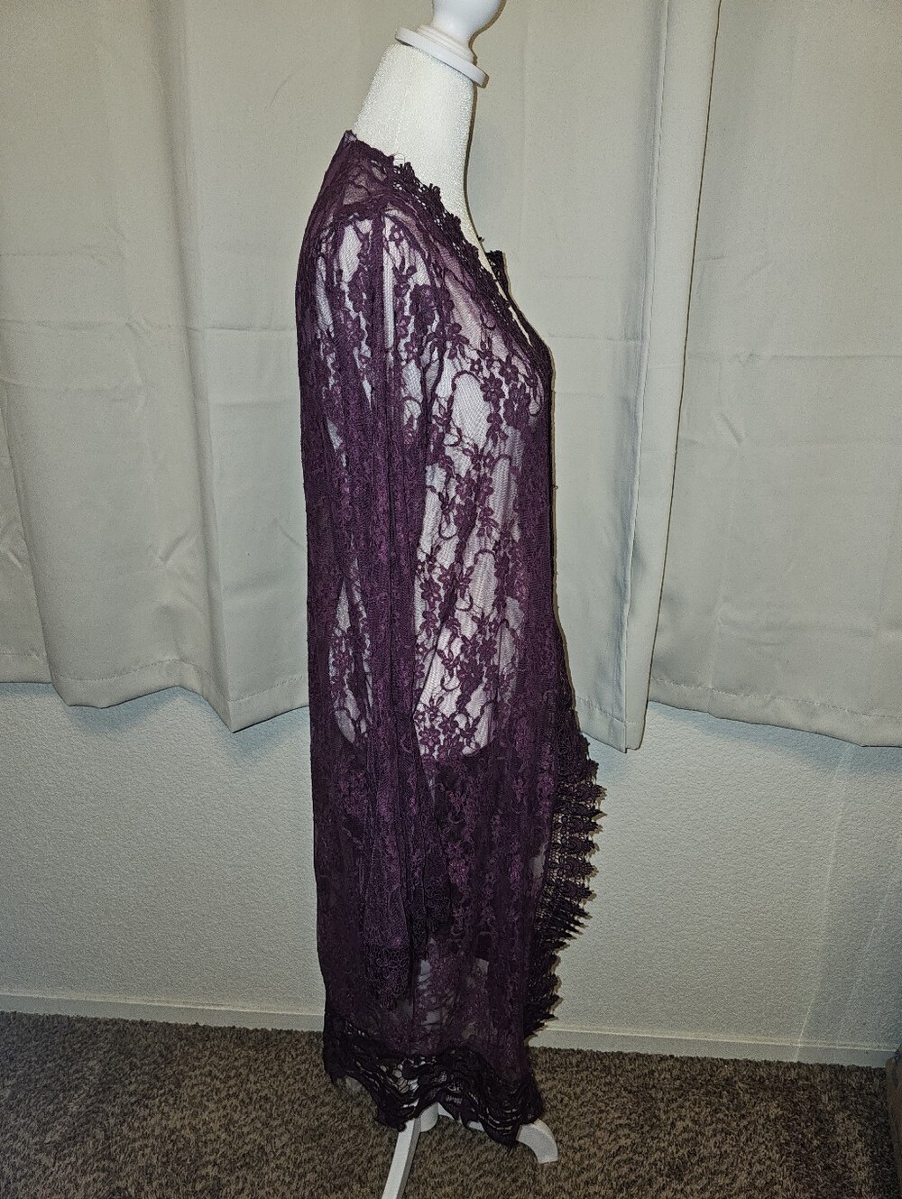Modcloth Polly Esther Duster Lace Kimono Cover-Up Maroon Fairy Bell Sleeves - Picture 6 of 7